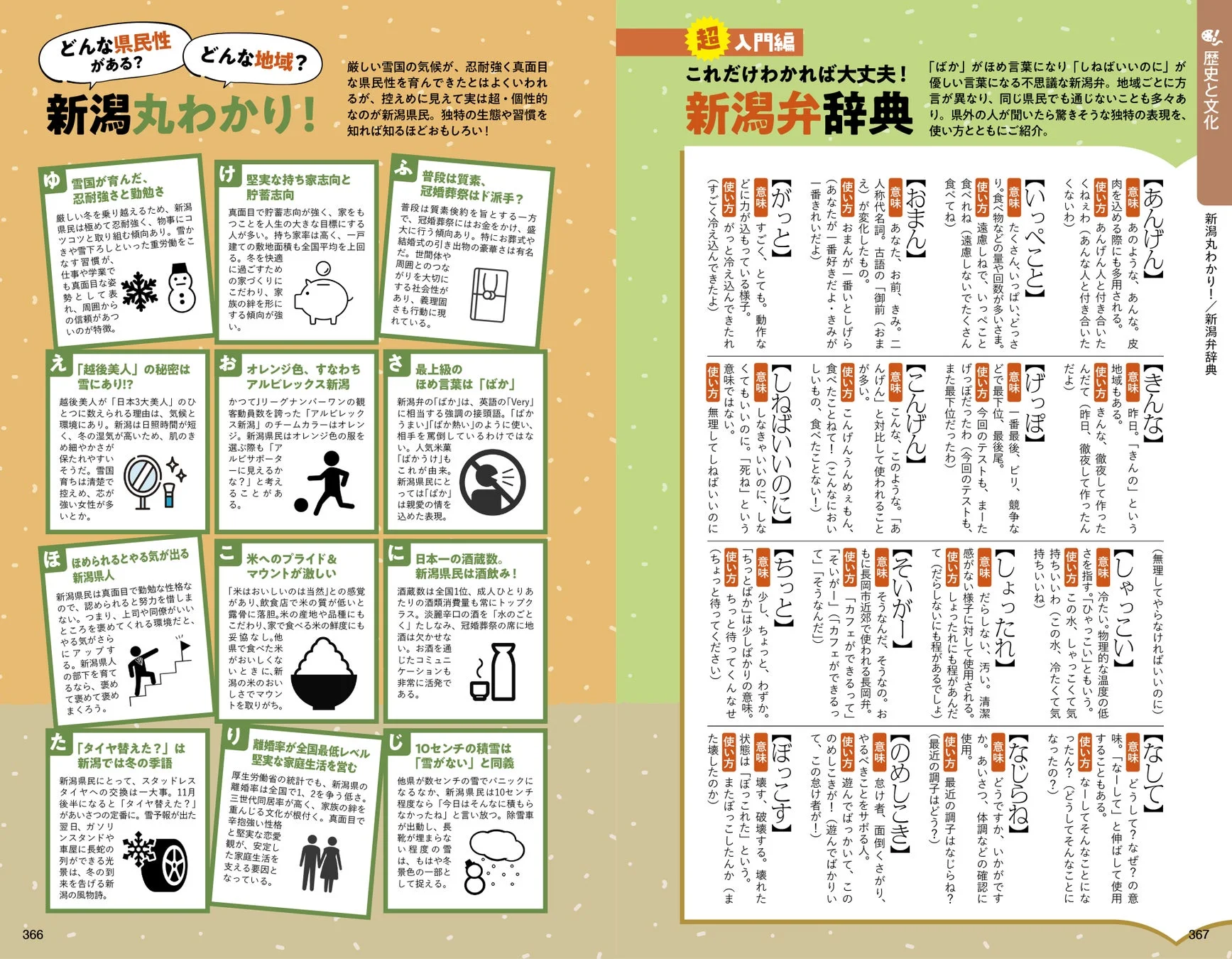 新潟弁を解説する「新潟弁辞典」のページ、方言の例文を掲載