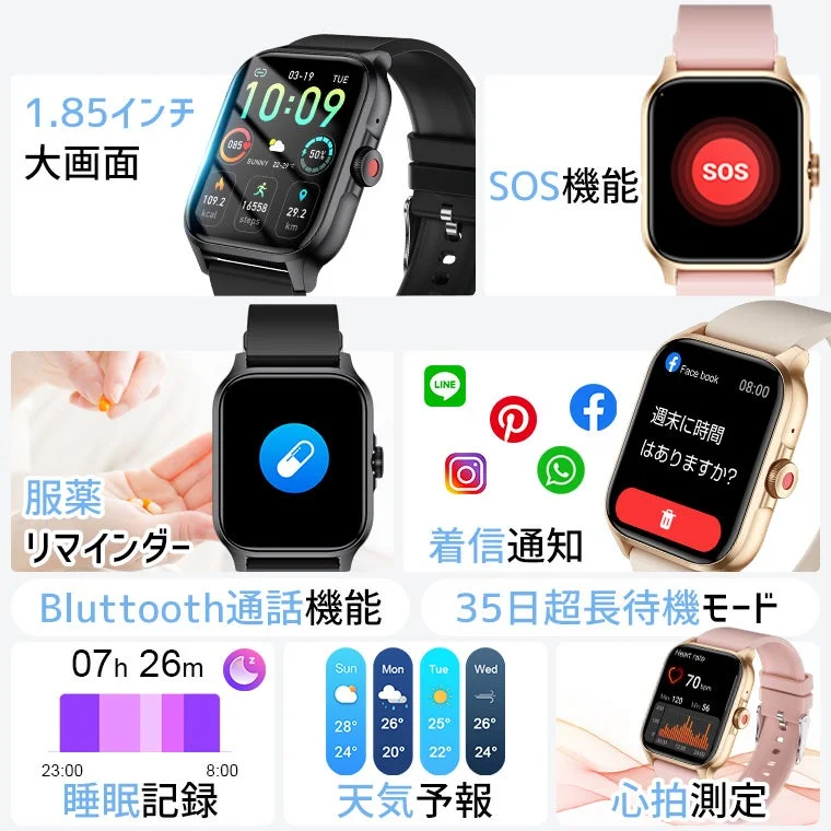 スマートウォッチの主要機能一覧（大画面、SOS、服薬リマインダーなど）