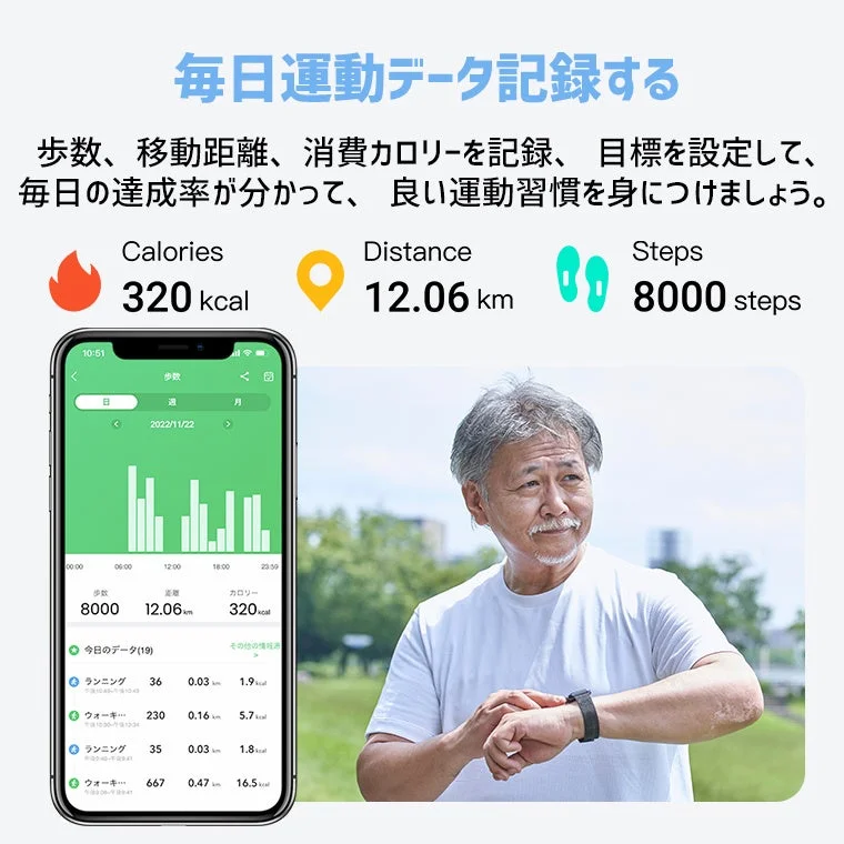 スマートウォッチの運動データ記録機能、歩数・カロリー・距離の表示