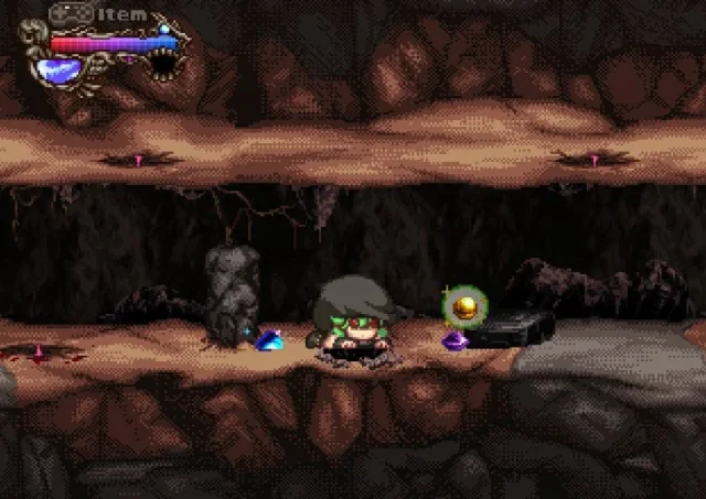 酸素の薄い洞窟で宝石を採掘するゲームプレイ画面