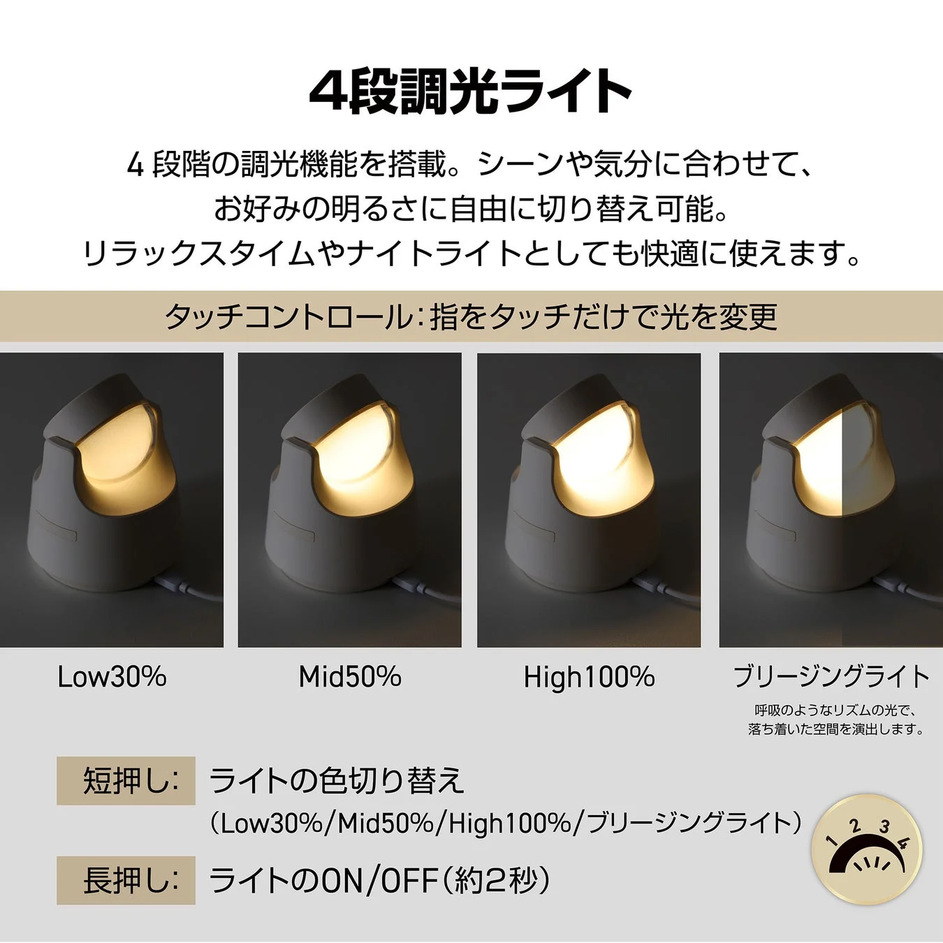 4段階調光ライトの明るさ調整とタッチコントロール操作説明