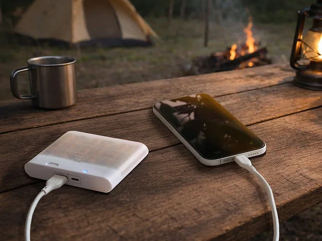 キャンプシーンでスマートフォンを充電する乾電池式モバイルバッテリー