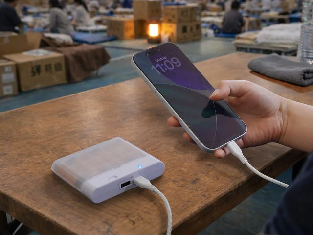 避難所を想定した場所でスマートフォンを充電する乾電池式モバイルバッテリー