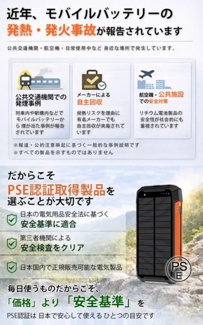 PSE認証取得の重要性を示し、モバイルバッテリーの発熱・発火事故への注意を促す情報