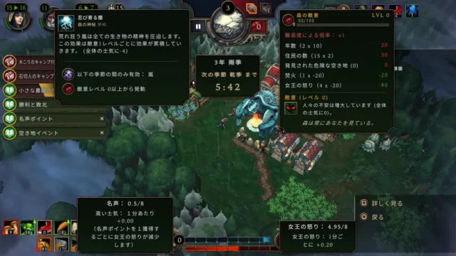 『Against the Storm』のゲーム画面。森の敵意や女王の怒りに関する情報UI。