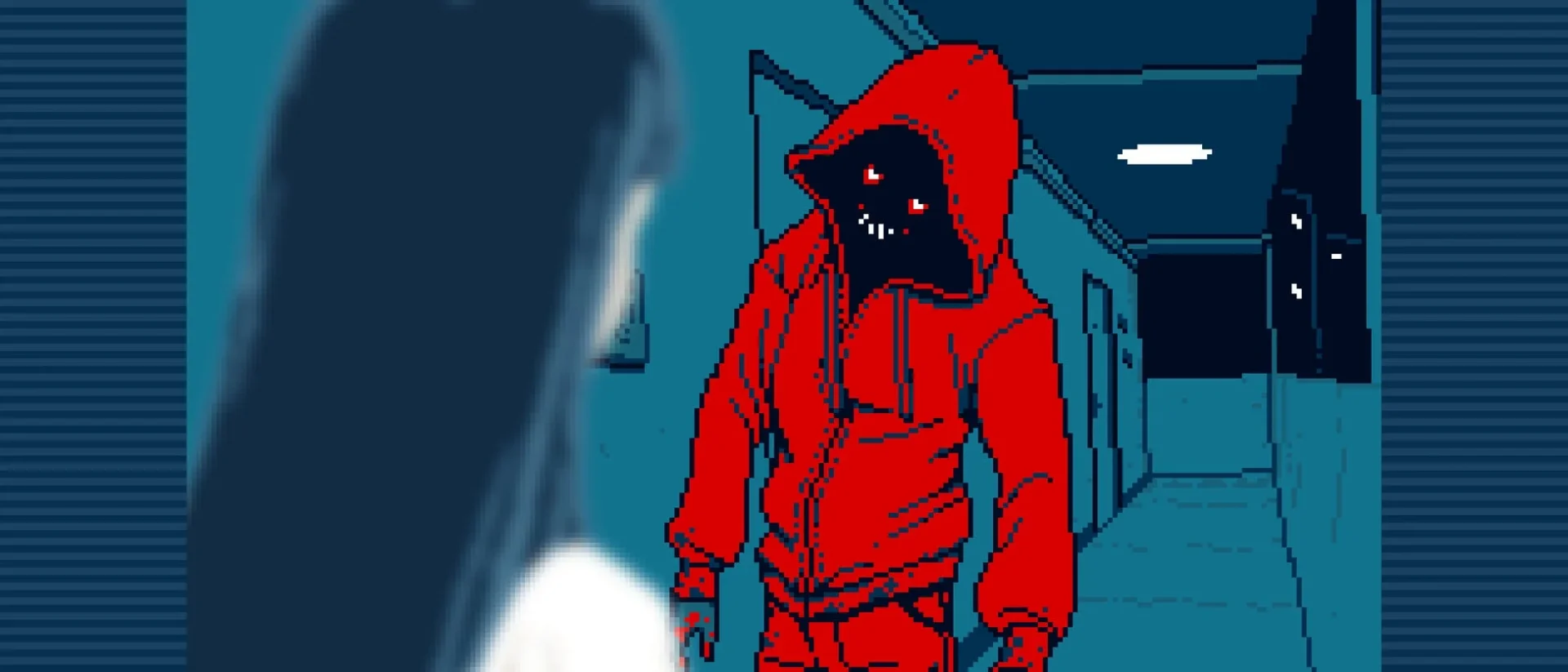 『都市伝説解体センター』ゲーム画面（フードの人物と主人公）