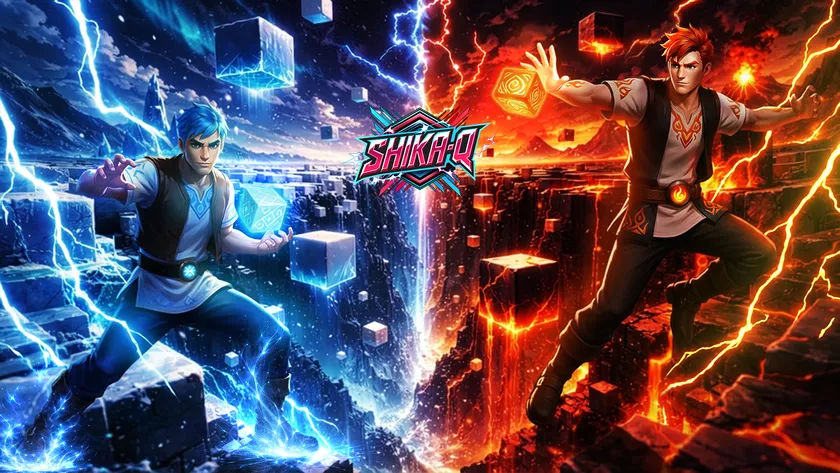 「SHIKA-Q」のキービジュアル。青と赤のキャラクターが対峙するパズルゲームのイメージ。