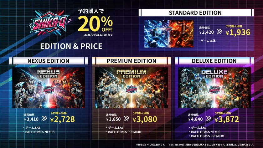 Nintendo Switch版「SHIKA-Q」の予約パッケージと価格一覧。20%OFFの予約特価が表示されている。