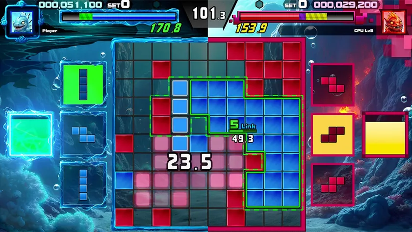 「SHIKA-Q」の超高速対戦パズルゲームプレイ画面。2人対戦のボードとリンクが示されている。