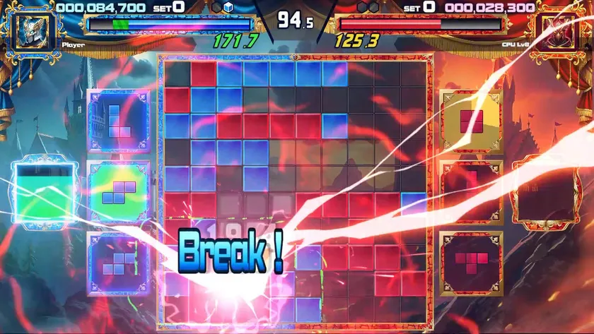 「SHIKA-Q」のゲームプレイ画面。赤と青の盤面でエフェクトが広がる様子。