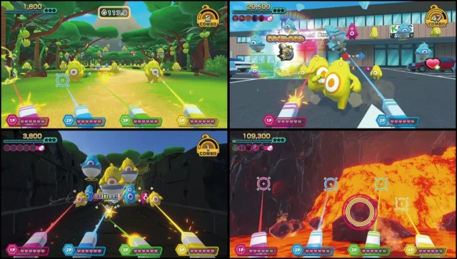 ジャングル、市街地、遺跡、洞窟など12種類のステージプレイ画面