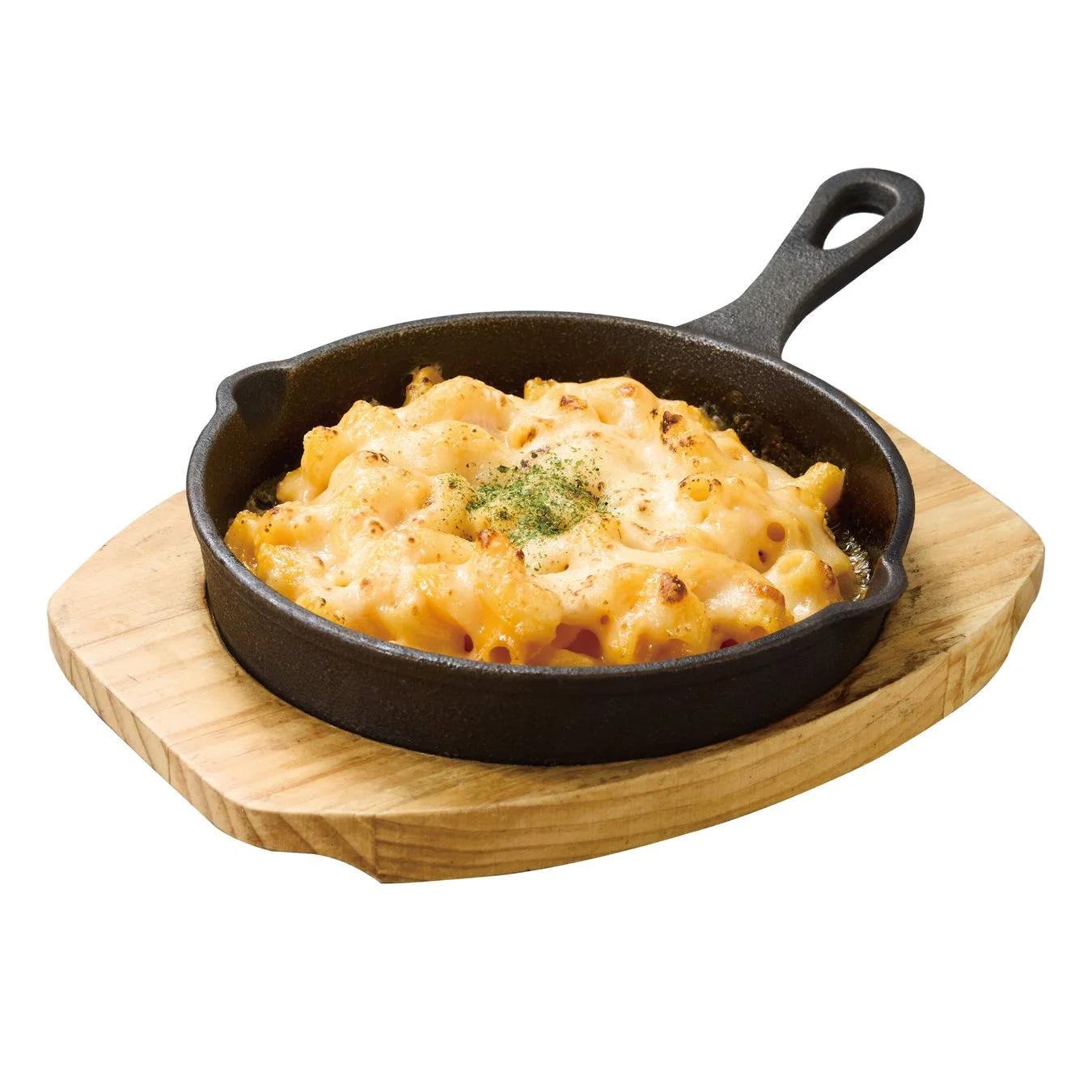 スキレットに入った濃厚なマッケンチーズの料理写真