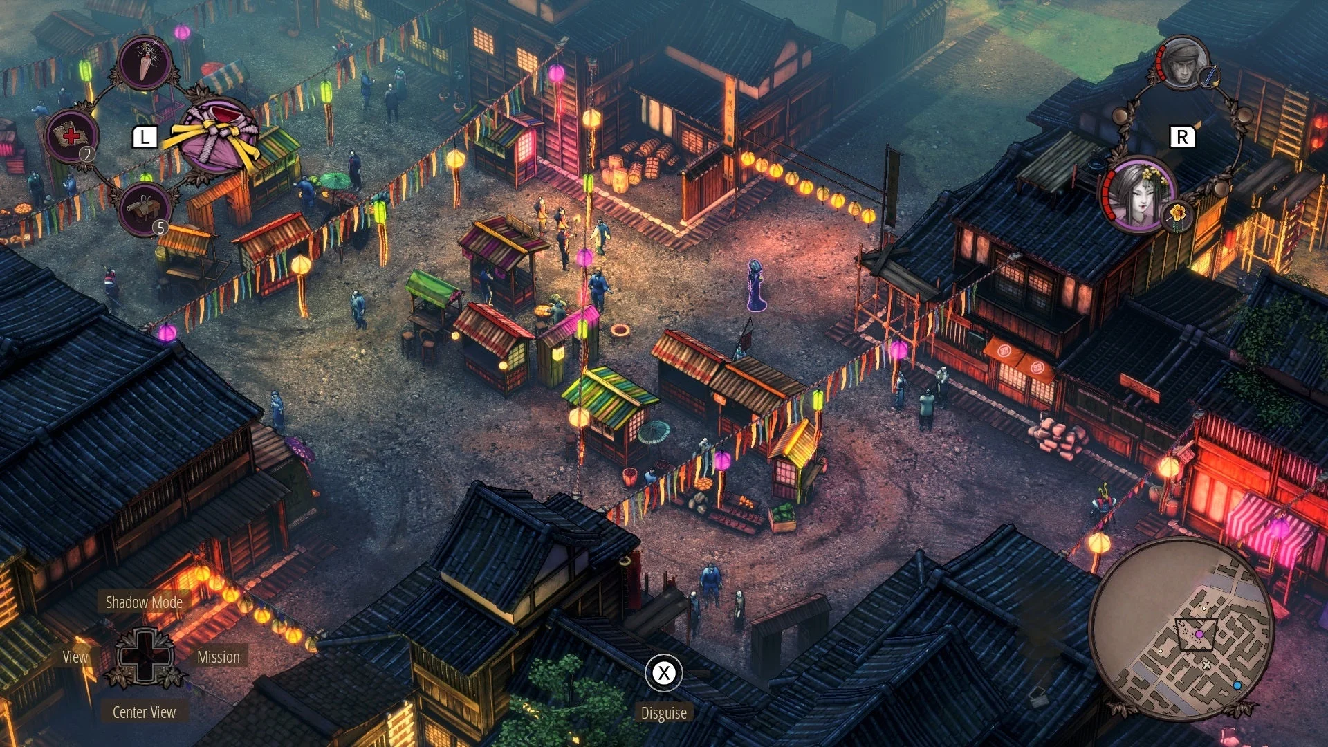 『Shadow Tactics』の夜の街ステージでの潜入ゲームプレイ画面