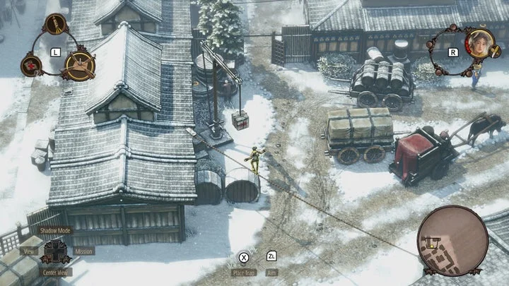『Shadow Tactics』の雪景色ステージでの罠設置ゲームプレイ画面