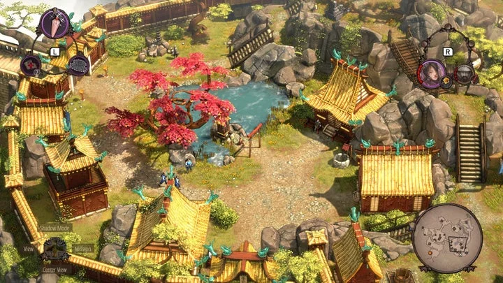 『Shadow Tactics』の城と池があるステージでの戦略ゲームプレイ画面