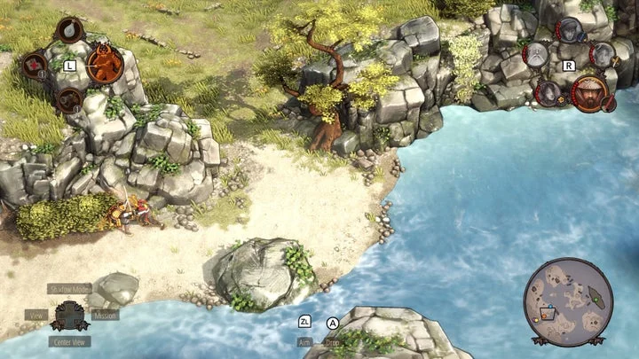 『Shadow Tactics』の海岸沿いのステージでのキャラクター操作画面