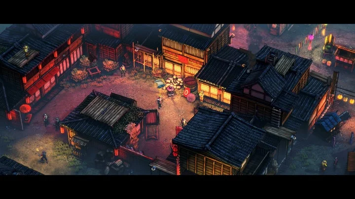 『Shadow Tactics』の夜の村でのステルスアクションゲームプレイ画面