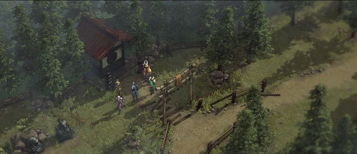 『Shadow Tactics』の森の道でチームが移動するゲームプレイ画面