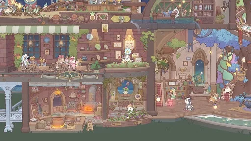 『猫とスープ 魔法のレシピ』のシェアハウス全景。多くの猫たちが生活する様子。