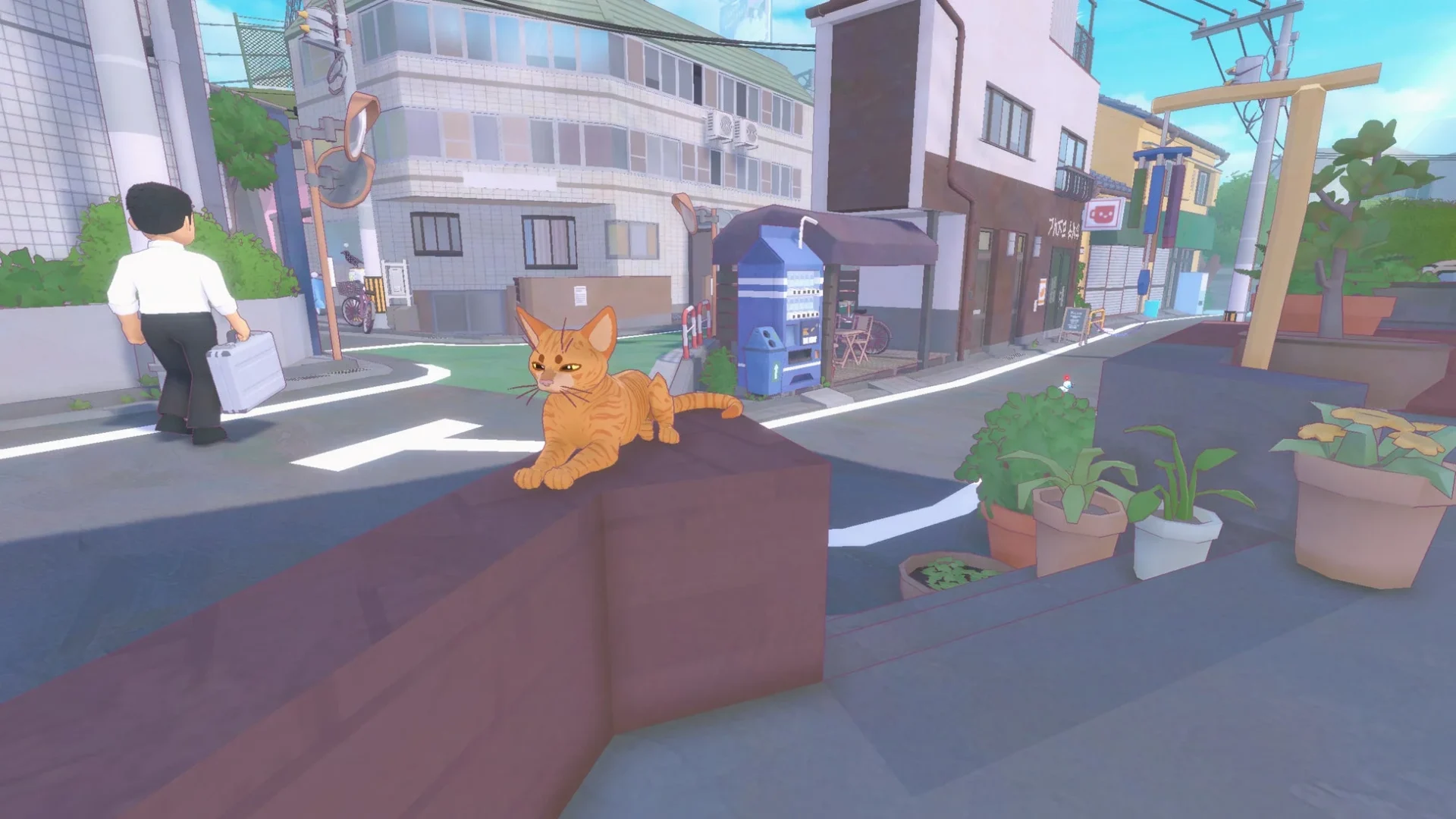 街中の塀の上を歩く茶トラ猫と人間が描かれたゲーム画面