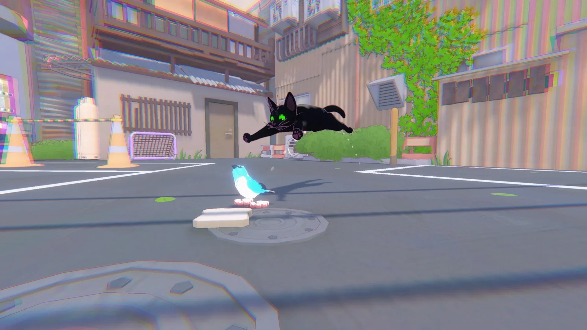 小鳥に向かってジャンプする黒猫のゲーム画面