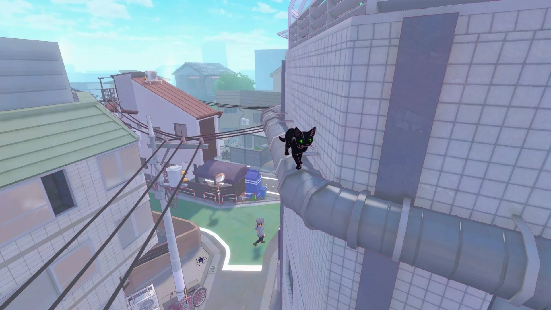 高いパイプの上を歩いて街を探索する黒猫のゲーム画面