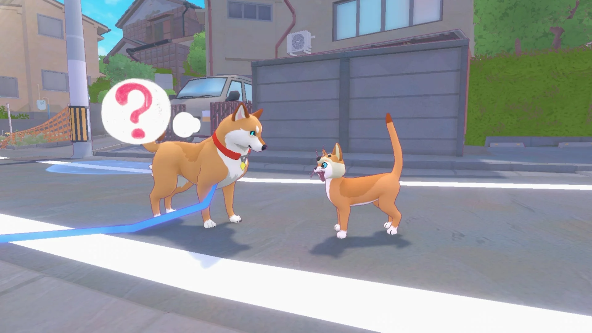 散歩中の犬と出会う猫のゲーム画面