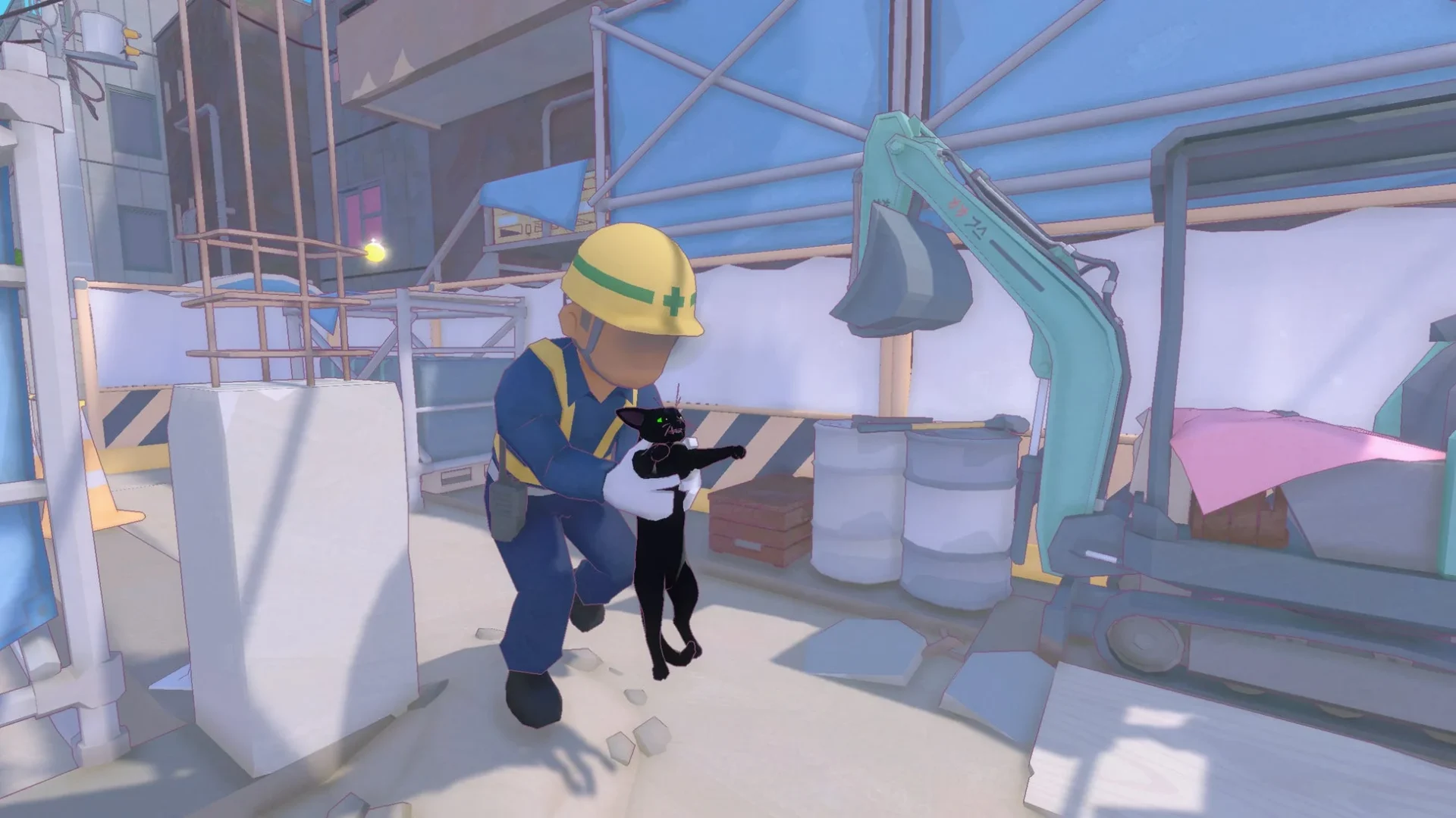 作業員に抱き上げられる黒猫のゲーム画面