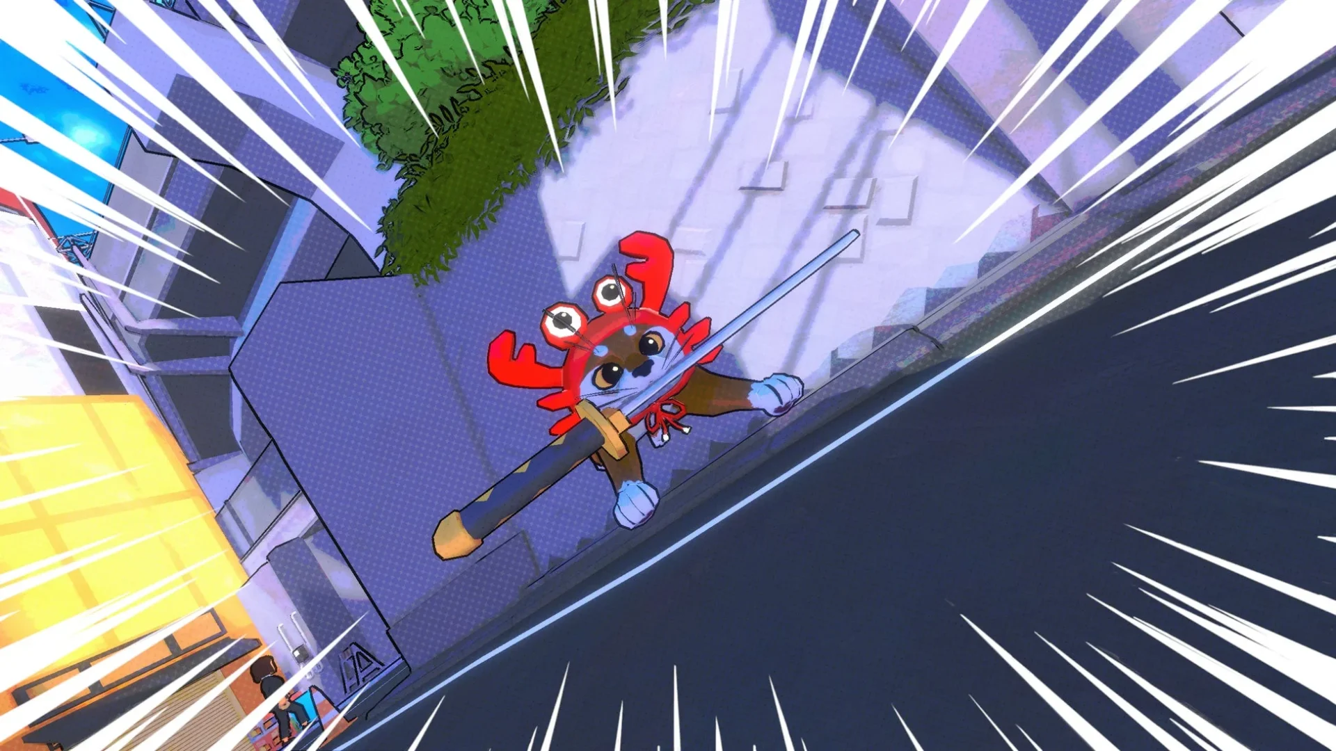 カニの帽子と刀を身につけた猫のゲーム画面