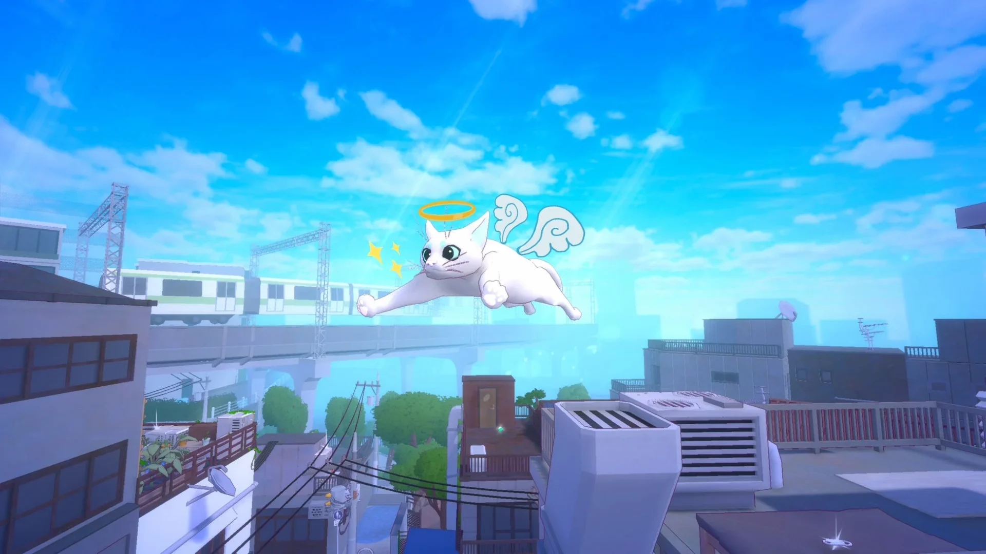 天使の輪と羽をつけた白い猫が空を飛ぶゲーム画面