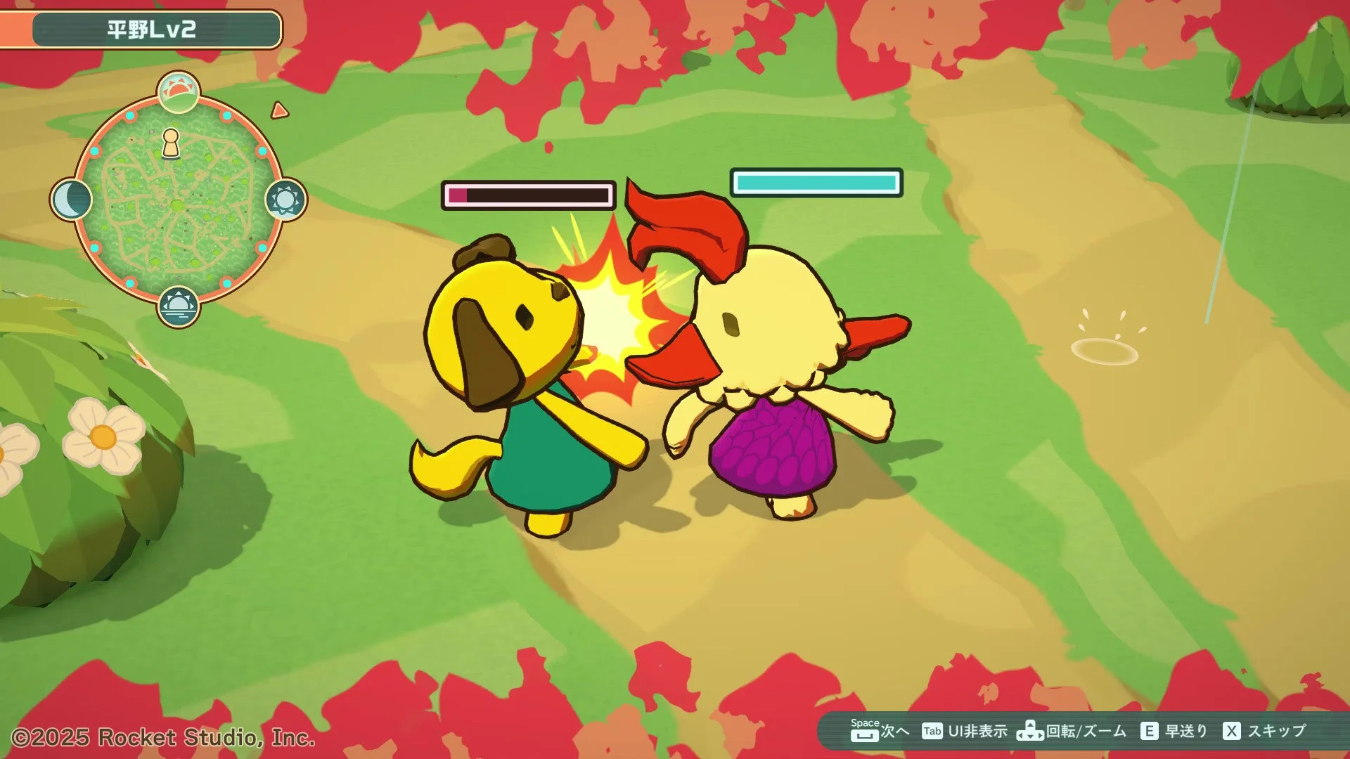 『ケモノミクスRe』ゲームの戦闘画面。2体のケモノがぶつかり合っている