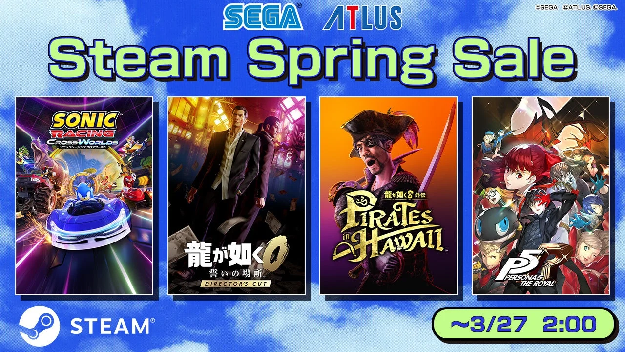 Steam Spring Saleのメインビジュアル、龍が如く8外伝、ソニックレーシング、ペルソナ5などのタイトルが並ぶ
