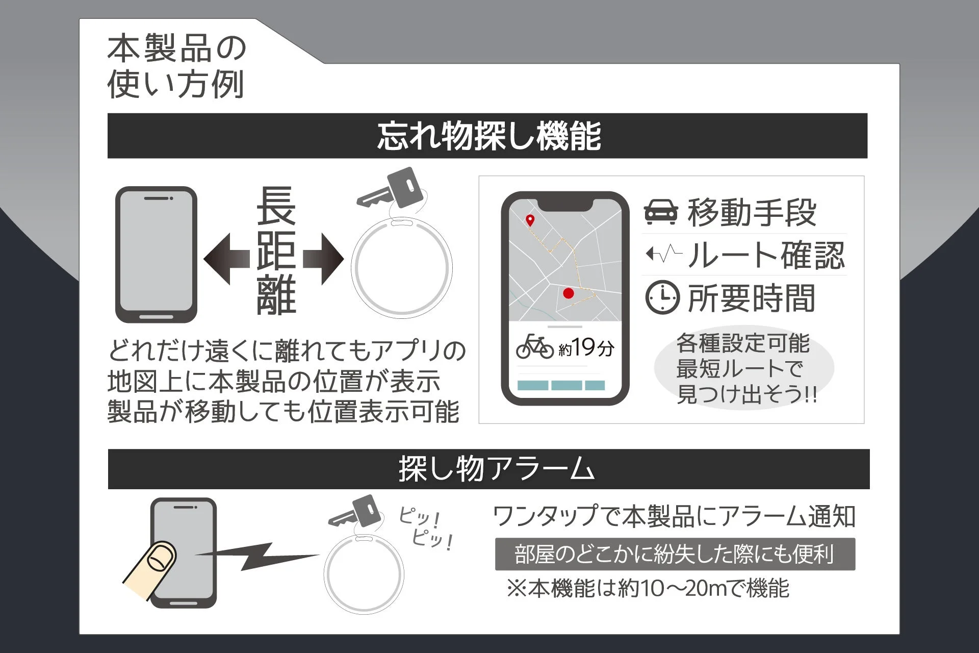 デュアルOSサーチタグの忘れ物探し機能と探し物アラーム機能の使い方