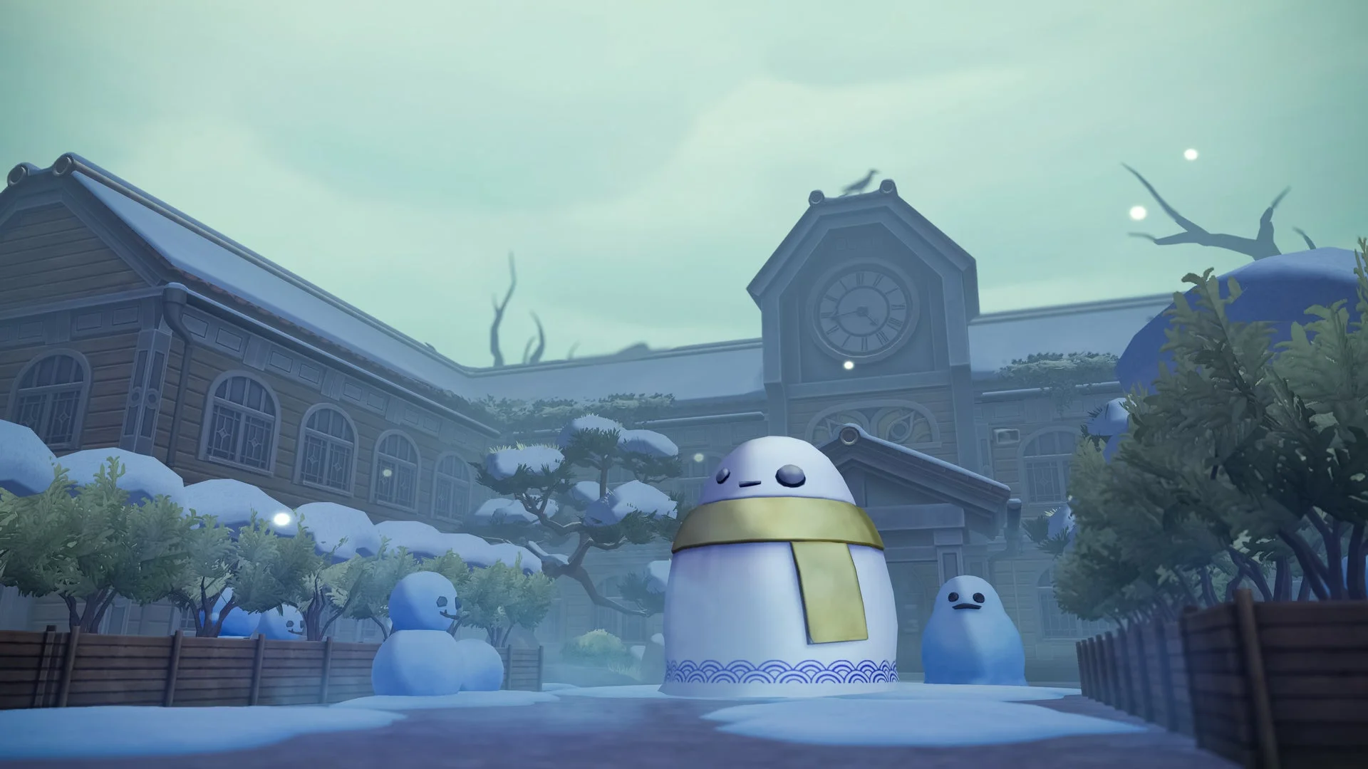 冬模様のオバケノ運動場マップに立つ雪だるま