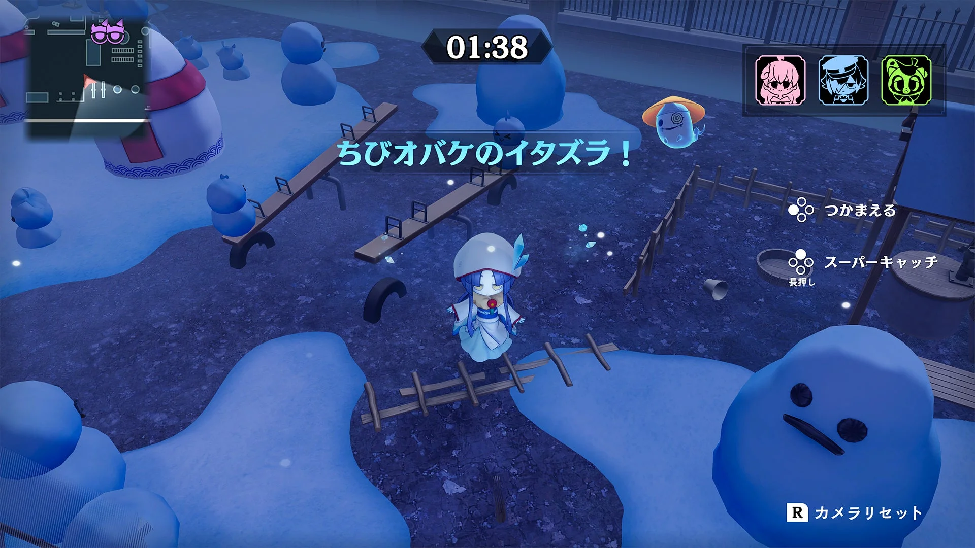 ちびオバケのイタズラが発生した冬模様マップのゲーム画面