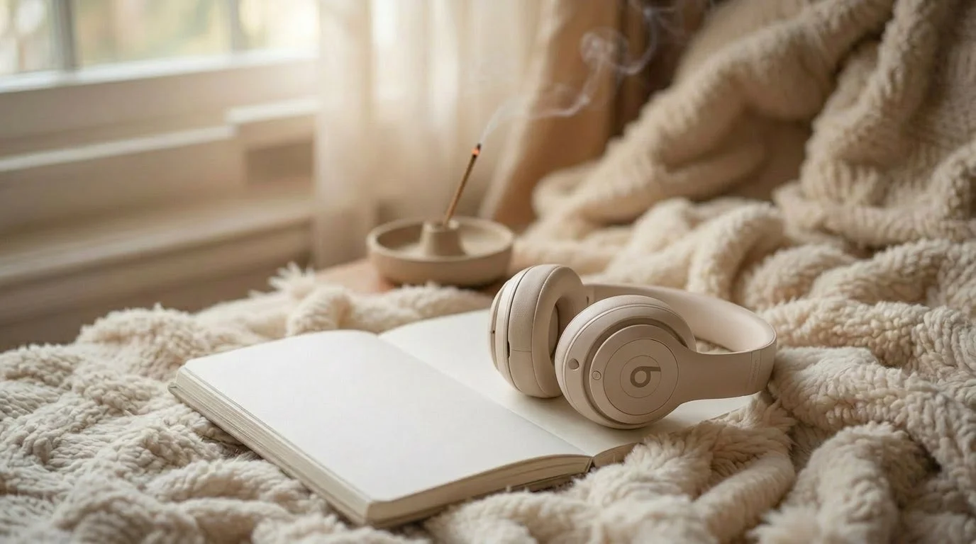 お香とヘッドフォン、ノートが置かれたリラックスできる空間