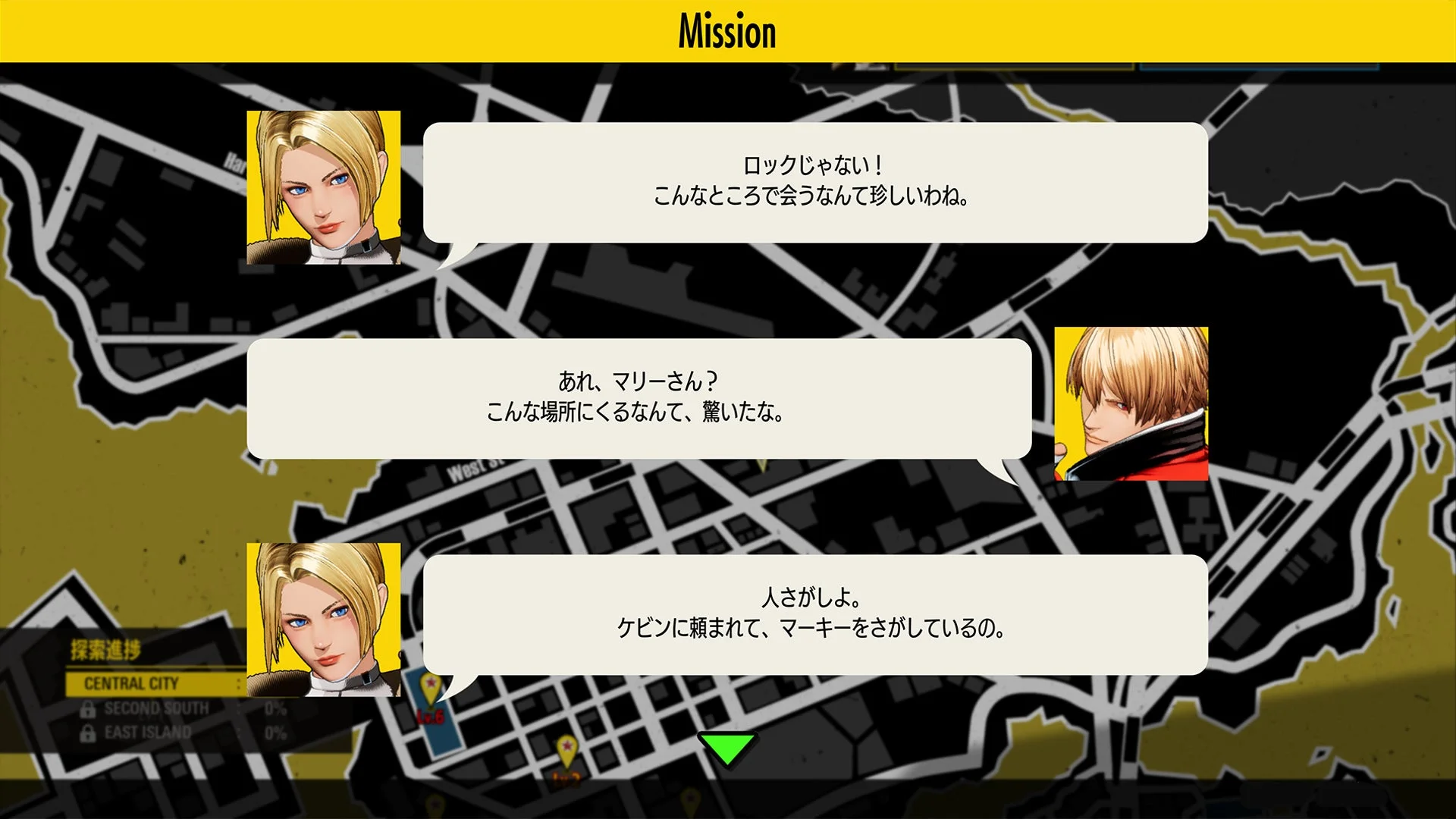 ARCADE MODEのミッションマップとキャラクターの会話画面