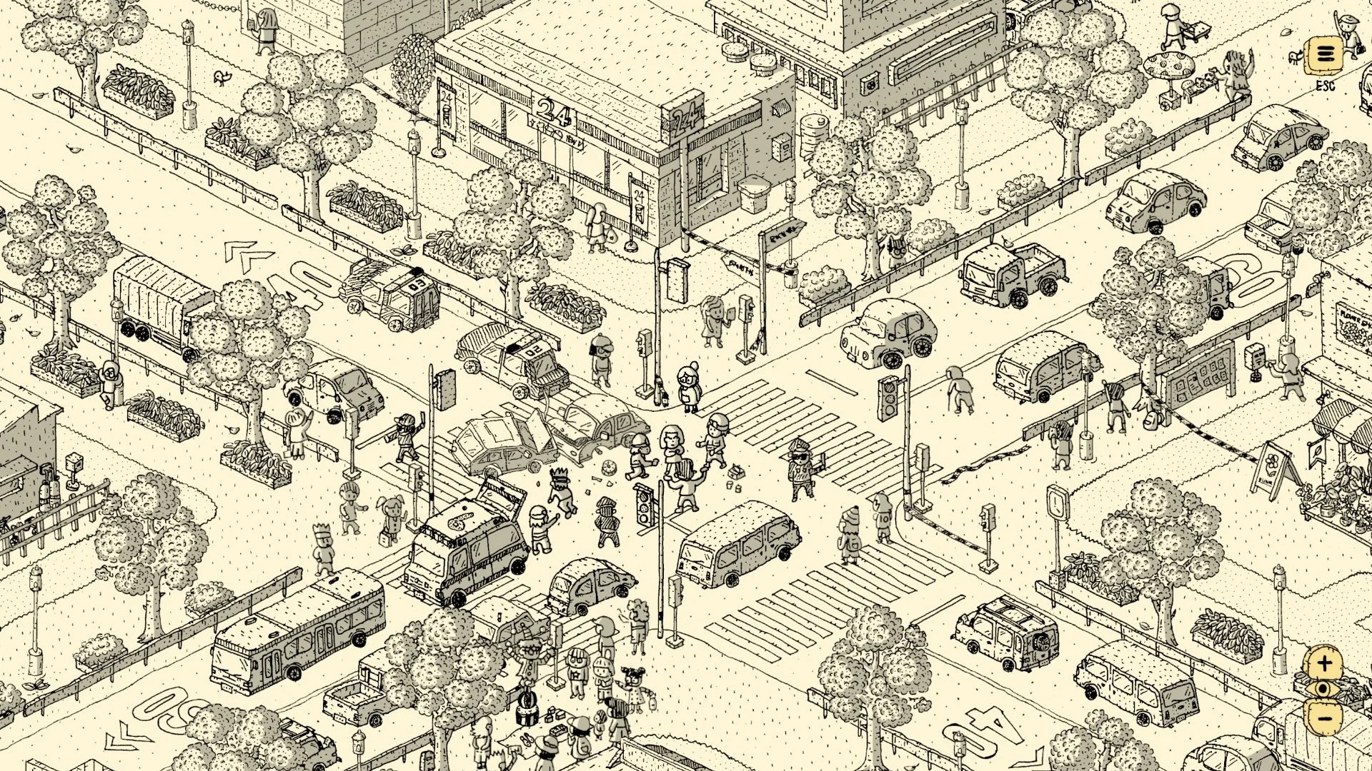 『Finding Polka』ゲーム画面:ボールペンで描かれた街並み