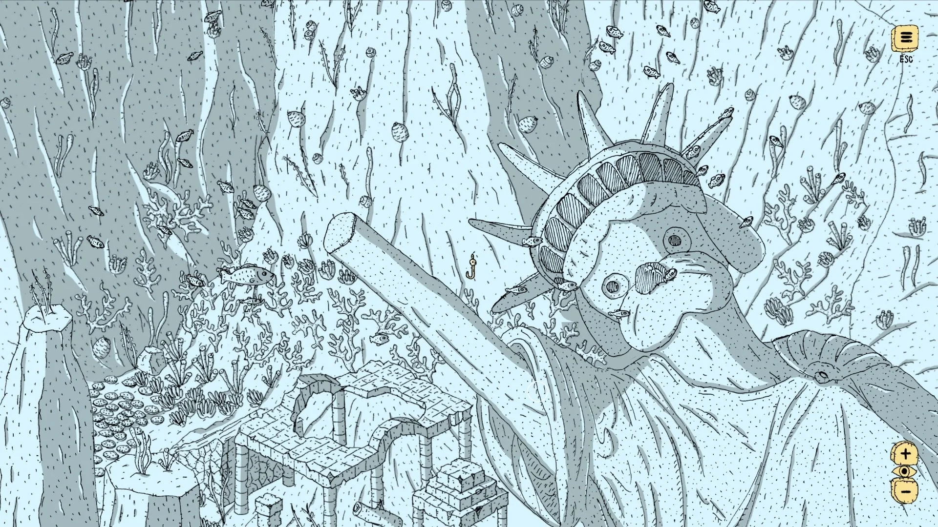 『Finding Polka』ゲーム画面:水没した自由の女神