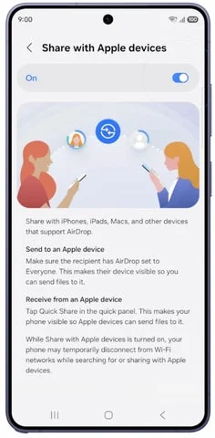 Quick Shareの「Share with Apple devices」設定画面と機能説明