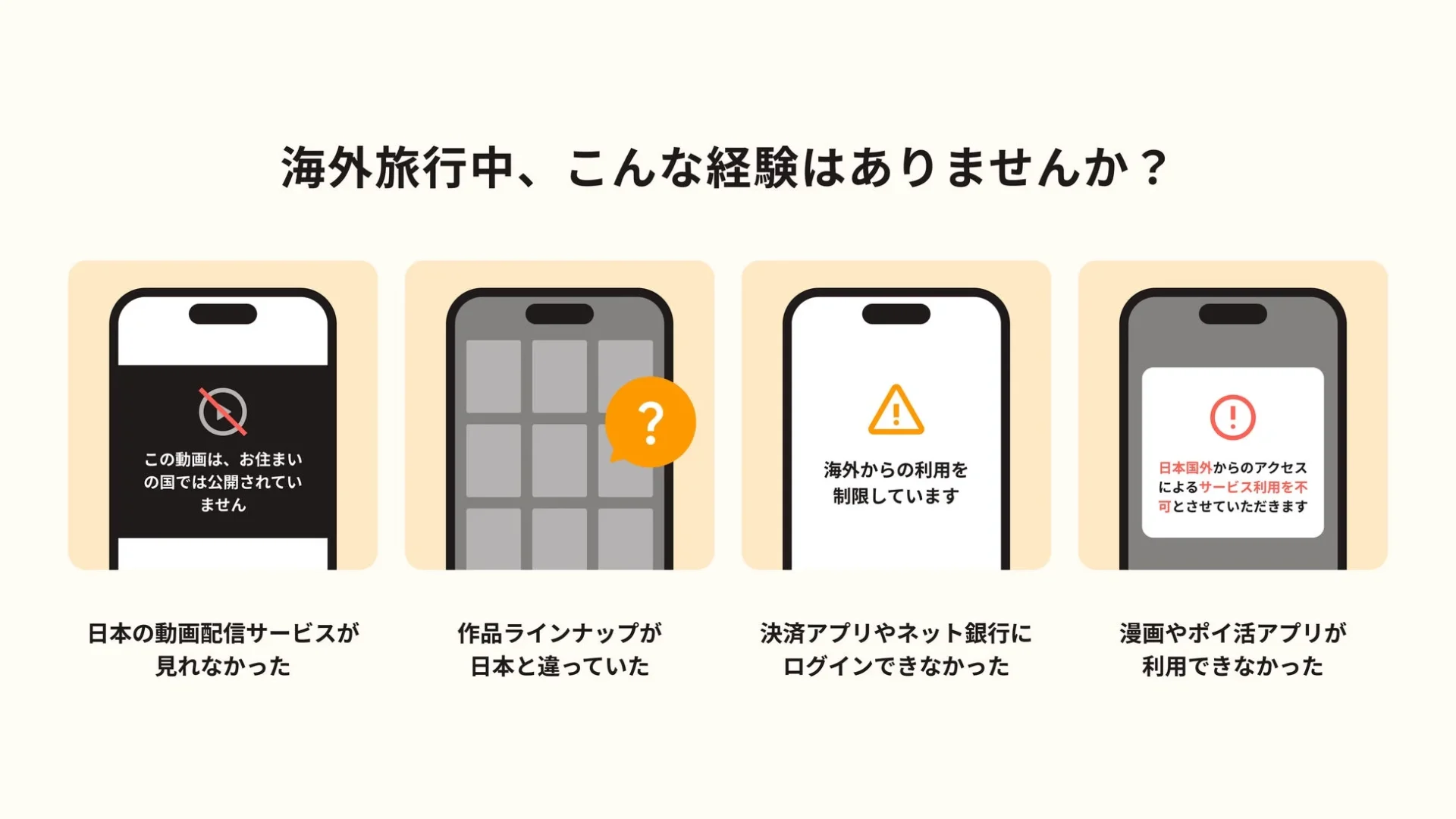 海外旅行中に日本のアプリやサービスが利用できない不便事例を示す画像