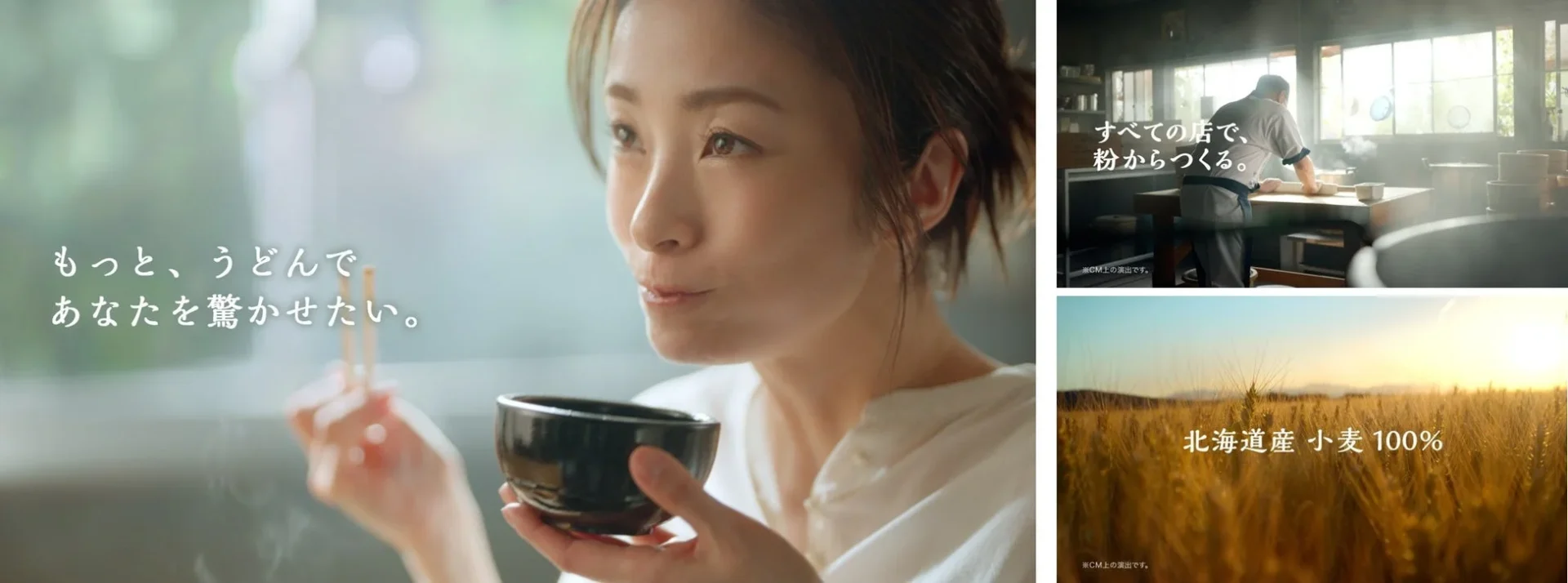 上戸彩さんがうどんを味わう姿、麺職人、北海道産小麦のイメージ