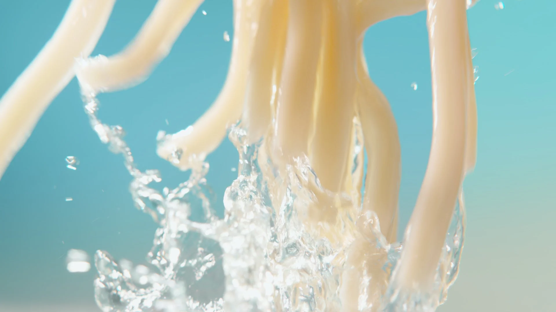 茹でたてのうどんが水しぶきを上げる様子