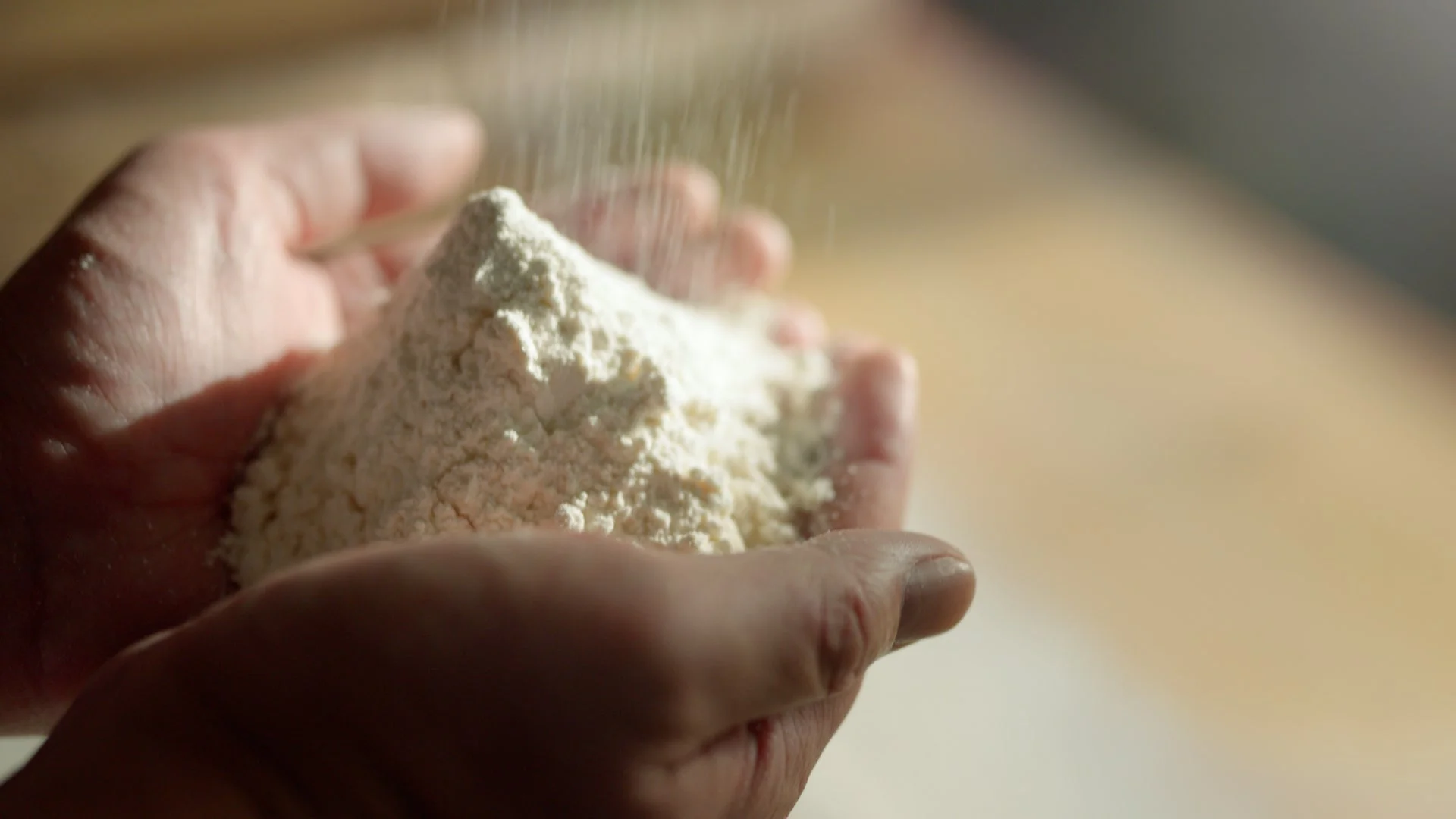 麺職人の手に盛られた北海道産小麦粉