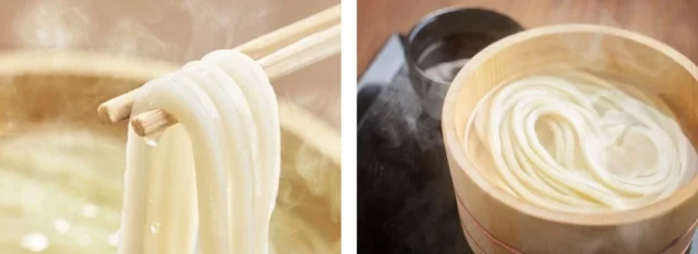 釜揚げうどんのクローズアップと桶入りの写真