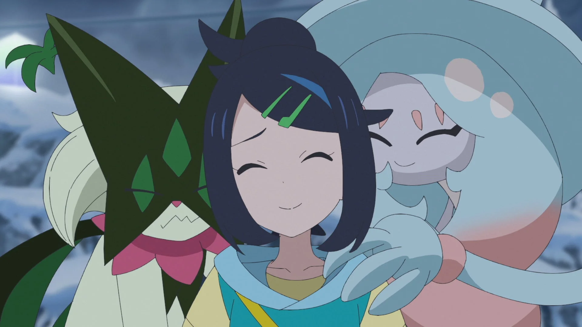 アニメ『ポケットモンスター(2023)』に登場するドットとポケモンたちのシーン